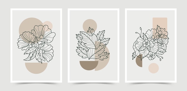 Flowers line art boho poster template collection.