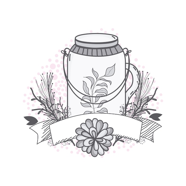 Vector flowers in mason jar with ribbon banner drawing design