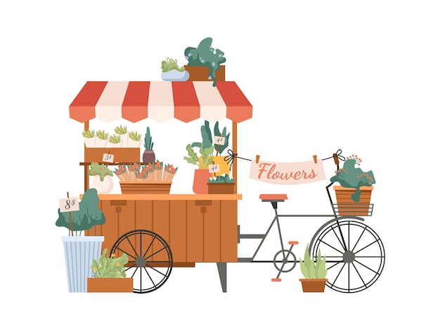 Flowers mobile bike kiosk shop with bouquet plants