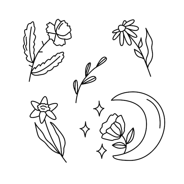 Flowers and moon Botanic Magic and astrological symbol