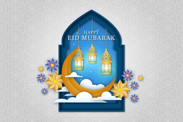 Eid mubarak stile carta e fiori di luna