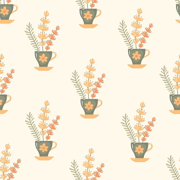 Flowers in mug seamless pattern