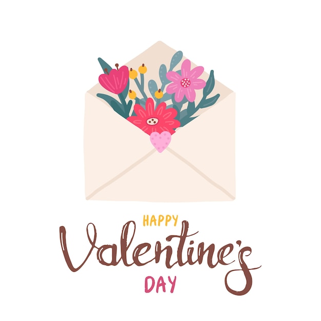 Flowers in an open envelope with hand lettering Cute Valentines Day greeting card