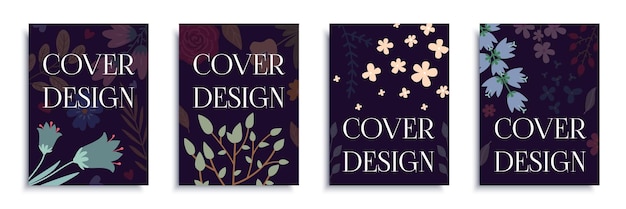 flowers and plants cover brochure set in flat design poster templates with dark wildflowers abstract daisy herbs leaves on twigs and branches elegant blossom bouquets cards vector illustration