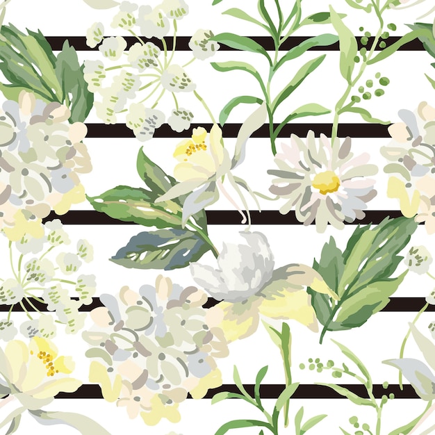 Flowers and plants flowers and birds seamless print pattern vector