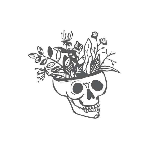 두개골 냄비에 꽃과 식물