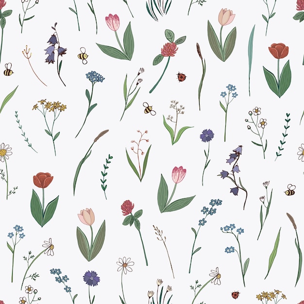 Vector flowers and plants vector seamless pattern