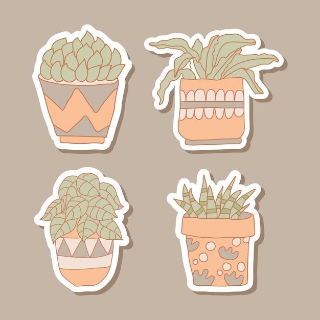 Flowers pots stickers set isolated.