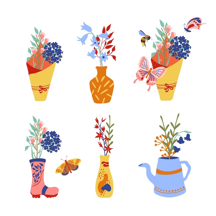 Vector 鉢花瓶と封筒の花大きなベクトルセット春の花の構成