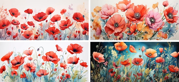 Flowers red illustration summer poppy plant art nature watercolor floral blossom painting