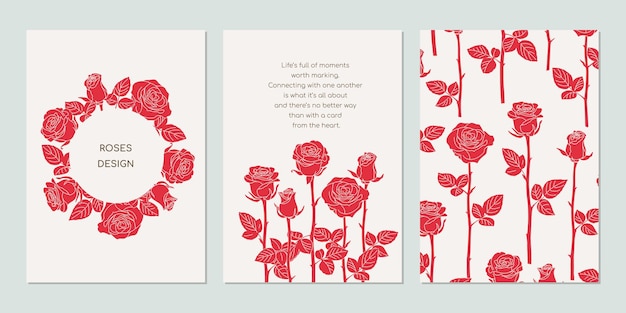 最小限のライン アート スタイルで花のバラのグリーティング カード テンプレートです。カバー、シームレスな背景、フレーム