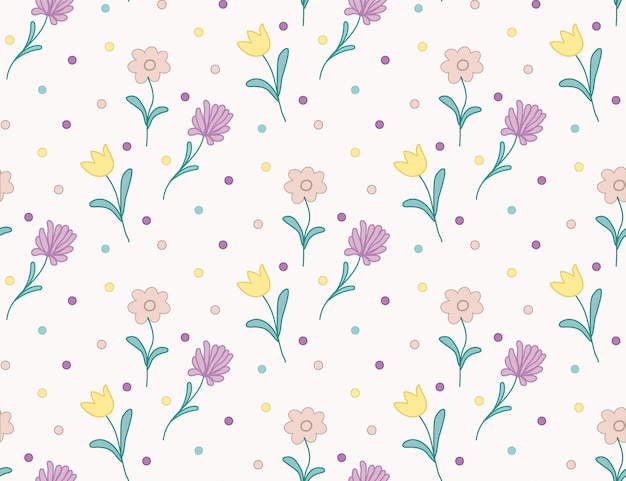 Flowers seamless pattern Aster tulip chamomile dots Vector illustration Yellow pink lilac