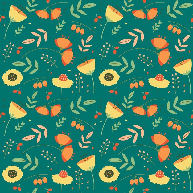 Vector flowers seamless pattern on green background vector illustration