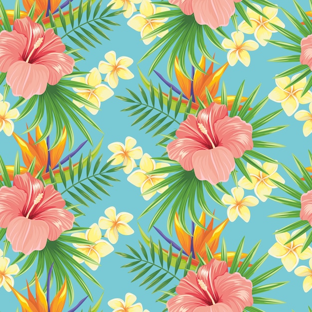 Flowers seamless pattern. Stylish spring flower, tropical plants leaves and floral ornamental tiles background