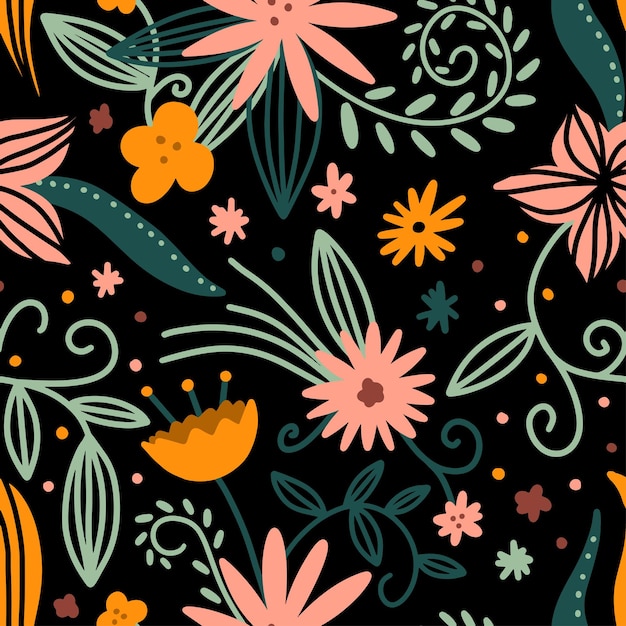 Flowers seamless pattern with black background