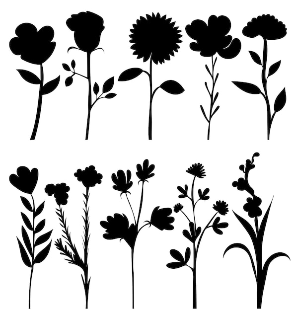 Vector flowers set silhouette on white background vector