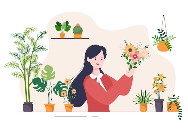 Negozio di fiori e negozio di piante con cura dei fioristi, prodotti naturali biologici per la decorazione del giardino di casa verde in fondo piatto vector illustration