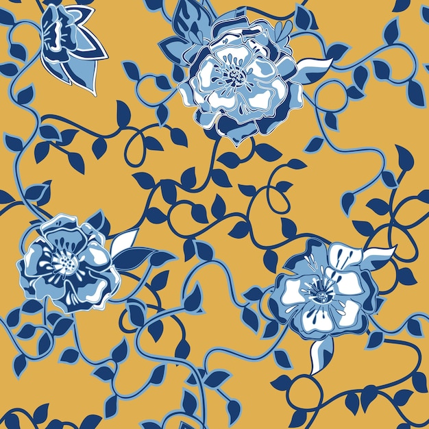 Flowers and vines in chinoiserie style seamless pattern oriental blue ceramic ornamental print