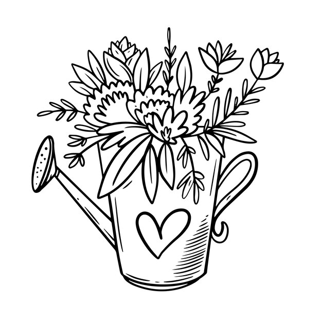 Flowers in a watering can hand drawn line art sketch