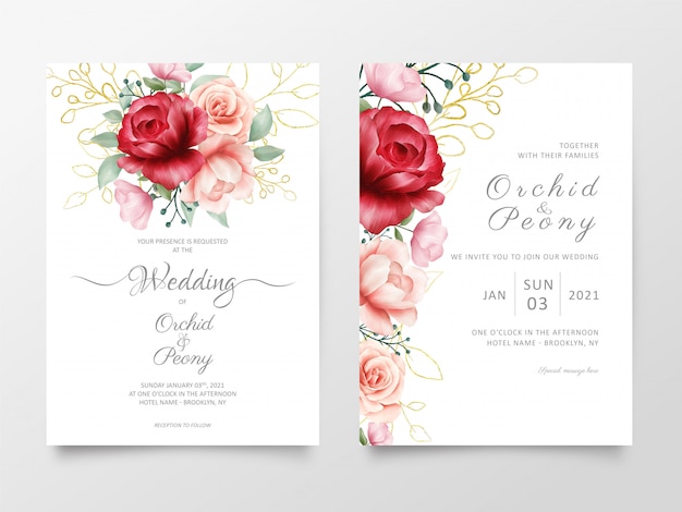 Vector flowers wedding invitation cards template with marble textures