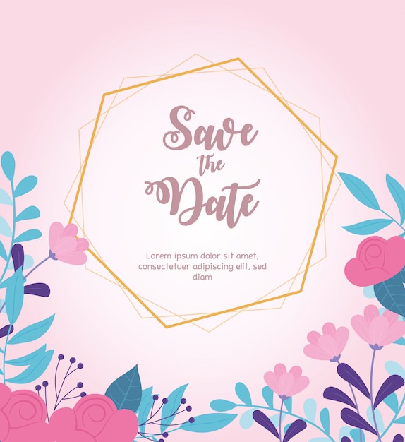 Flowers wedding, save the date, border decorative flowers pink background