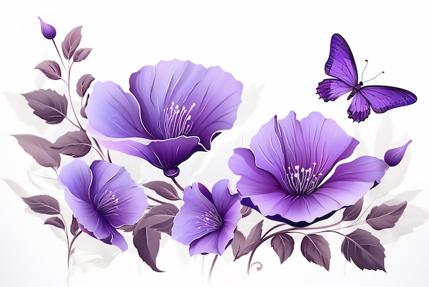 Цветы на белом фоне темно-синие ручные колокола и бабочка