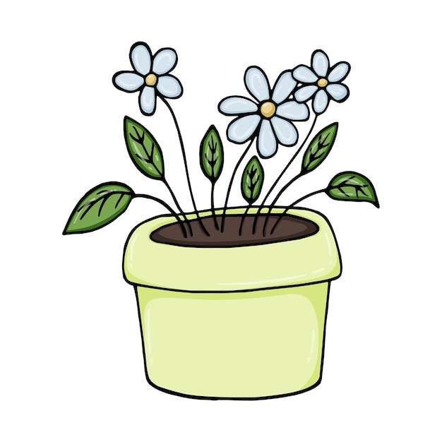 Fiori con boccioli e foglie in una pianta da interno in vaso per cartoni animati lineari doodle interni