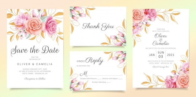 Flowers with glitter leaves wedding invitation card template set