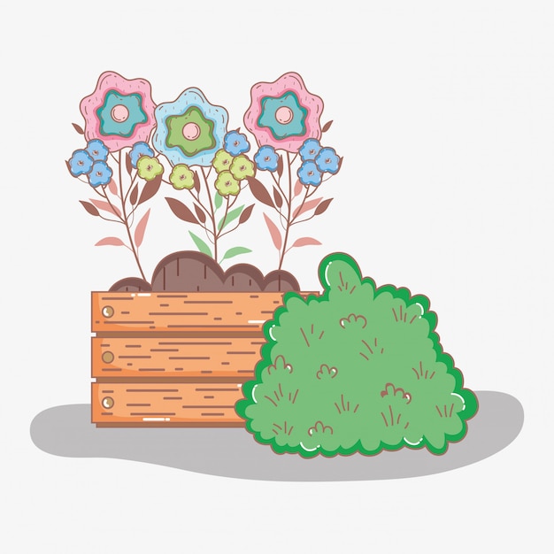 Vector flowers with leaves inside wood plant pot and bush