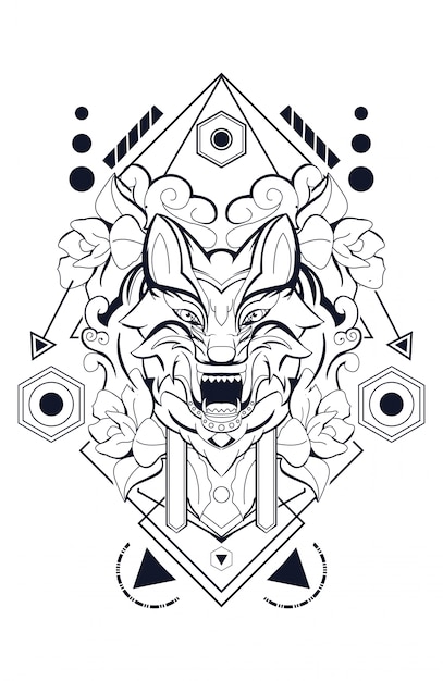 Vector flowers wolf sacred geometry premium