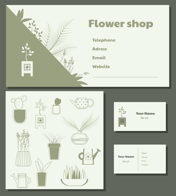 Flowershop. Set of vector seamless pattern, billboard and business card design elements.