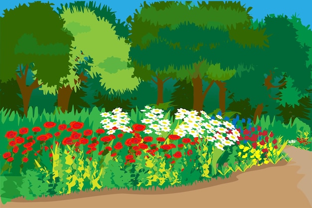 Vector flowery forest path with roses and tulips on the side