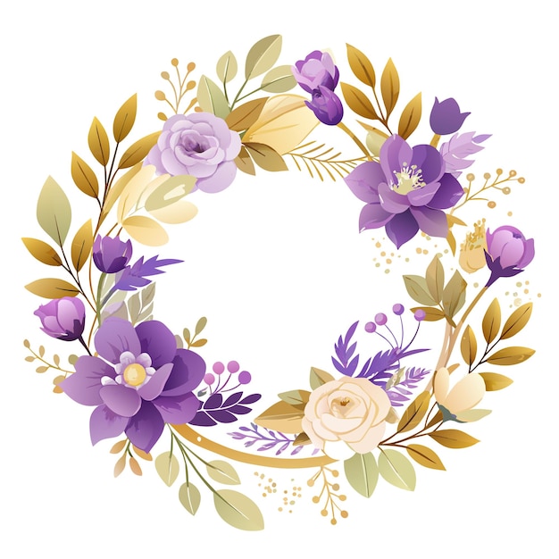A flowery wreath with purple and yellow flowers The flowers are arranged in a circle and are of various sizes The wreath is very colorful and lively giving off a cheerful and happy vibe