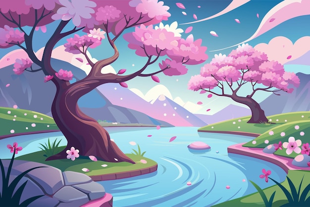 Flowing cherry blossom petals in a serene pond Illustration