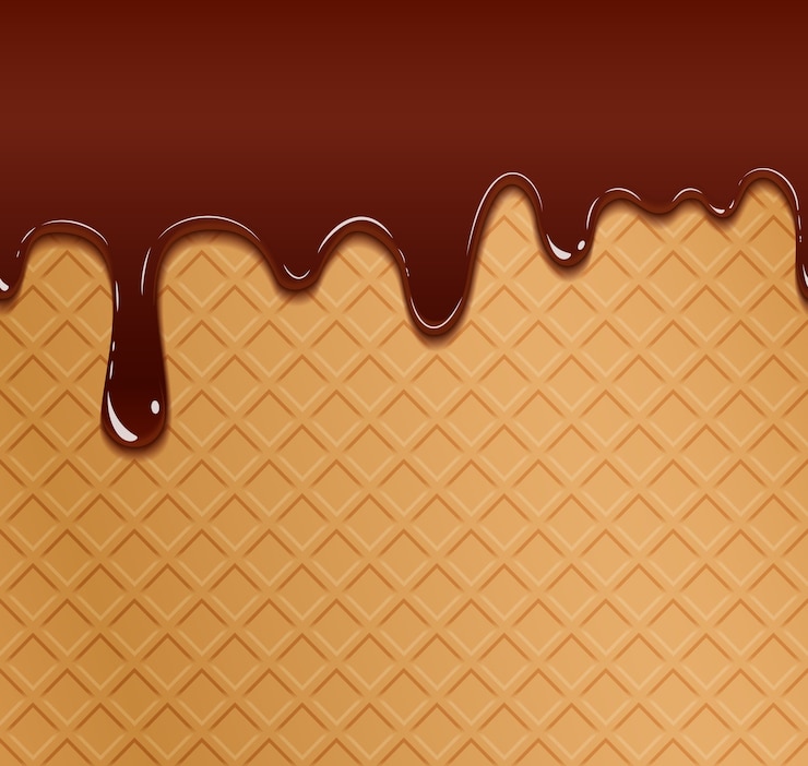 Vector flowing chocolate on wafer texture. tasty sweet pattern, snack delicious background, 