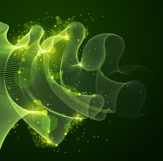 flowing magic energy particles over dark, wave of blended dots transparent tulle textile on wind. curved dotted 3d lines vector effect illustration. 3d futuristic style.