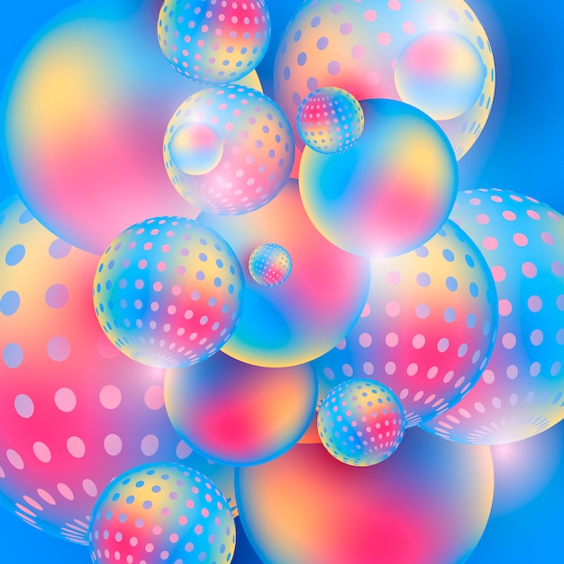 Flowing multicolored spheres abstract 3D composition on a colorful background.