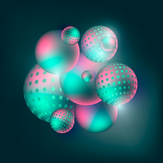 Vector flowing multicolored spheres abstract 3d composition on a dark background.