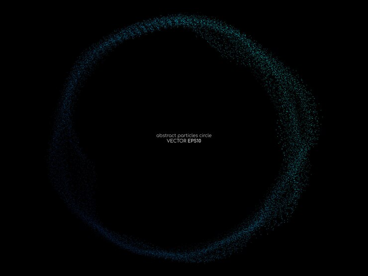 Vector flowing particles circle frame in blue and green on black background.