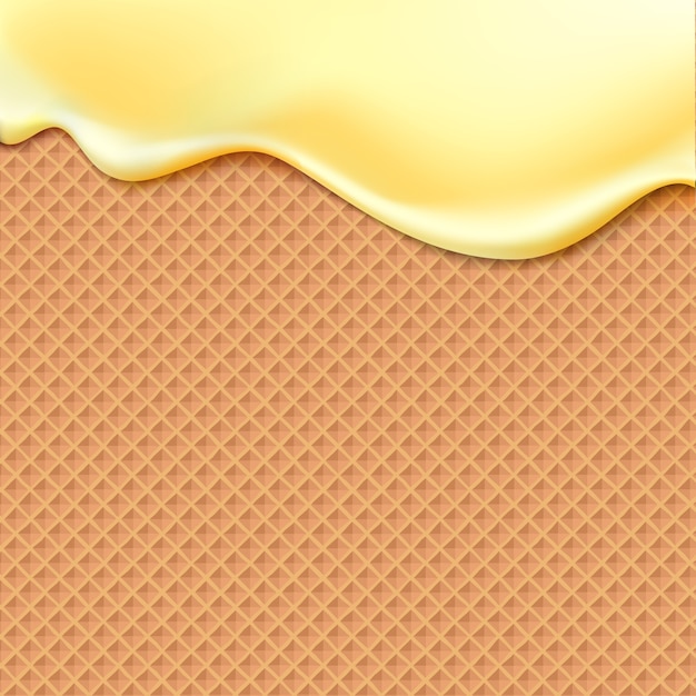 Vettore che scorre smalto giallo su wafer texture cibo dolce sfondo astratto. sciogliere il gelato a velo sul reticolo senza giunte della cialda. modificabile: cambia facilmente i colori.