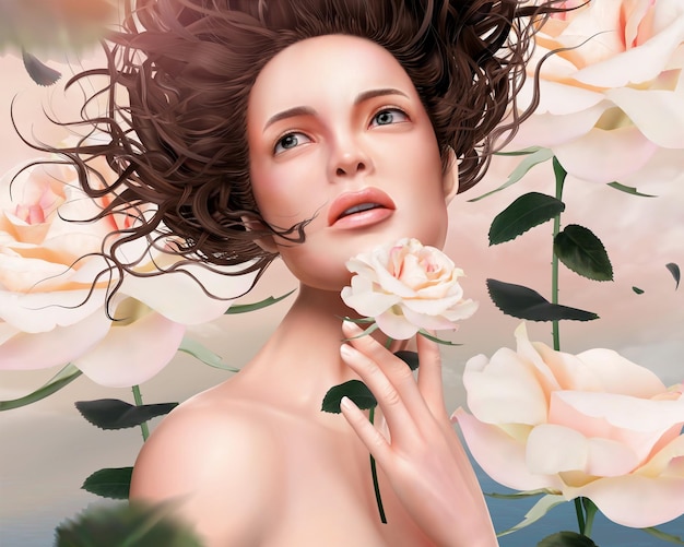 Vector flowy hair woman with roses