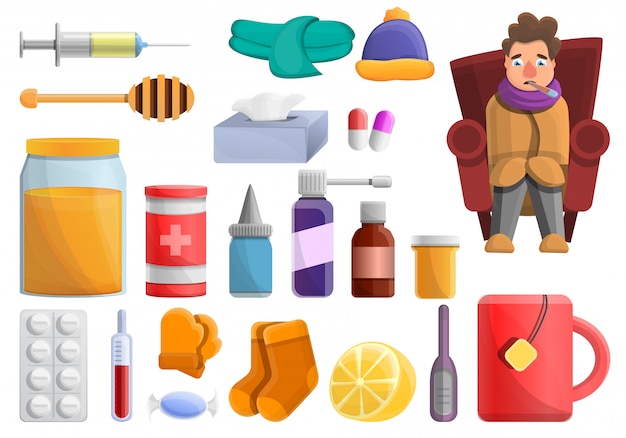 Flu elements set, cartoon style