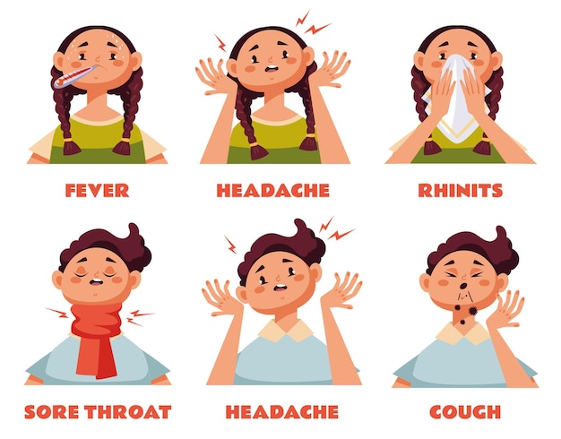 Симптомы гриппа гриппа больных детей изолированы, набор плоских графических иллюстраций дизайна