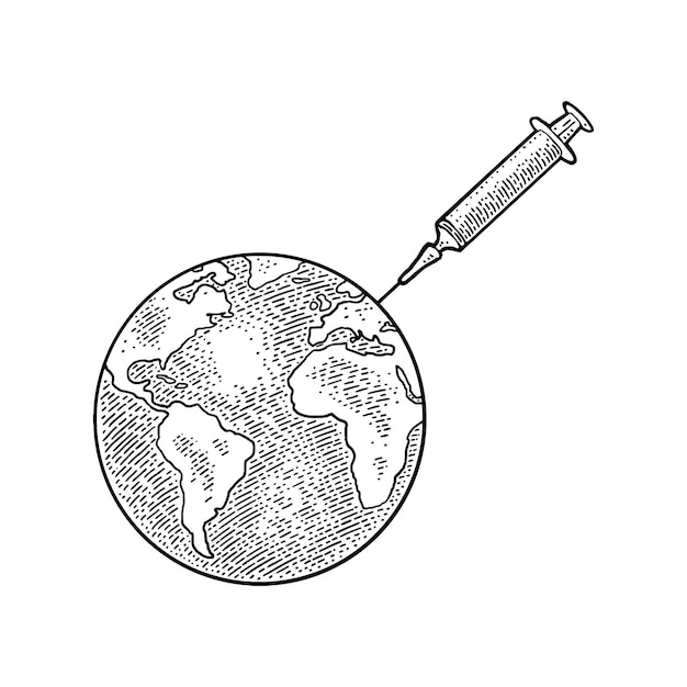 지구 행성 지구에 독감 예방 접종 포스터 전염병 COVID19에 대 한 흰색 손으로 그린 디자인 요소에 고립 된 빈티지 벡터 검은 그림 조각