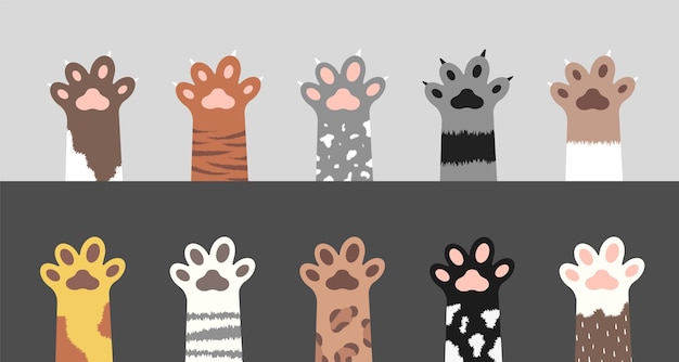 Vector fluffy cat paws collection. set of cute kitten foot silhouettes.