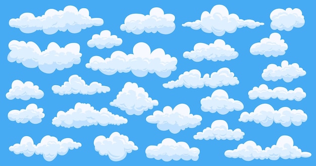 Пушистые облака Мультяшные летние облака милые игровые элементы комические белые атмосферные облака Векторный набор