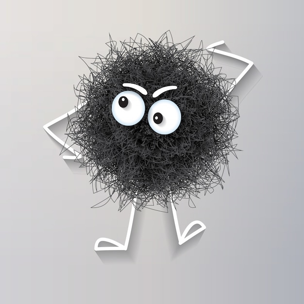 Fluffy cute black spherical creature thinking