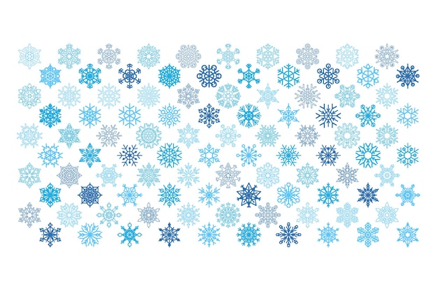 Diversi fiocchi di neve soffici elemento di decorazione della festa invernale in un reticolo geometrico regolare neve invernale miracolo di natale bandiera orizzontale geometrica vettore isolato su sfondo bianco