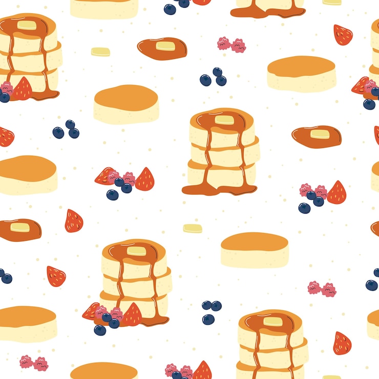 Vector fluffy japanese pancakes with strawberries blueberries topping and honey drips seamless pattern