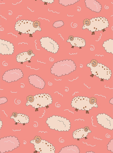 Fluffy lambs in the clouds on a pink background for children's pajamas or bed linen